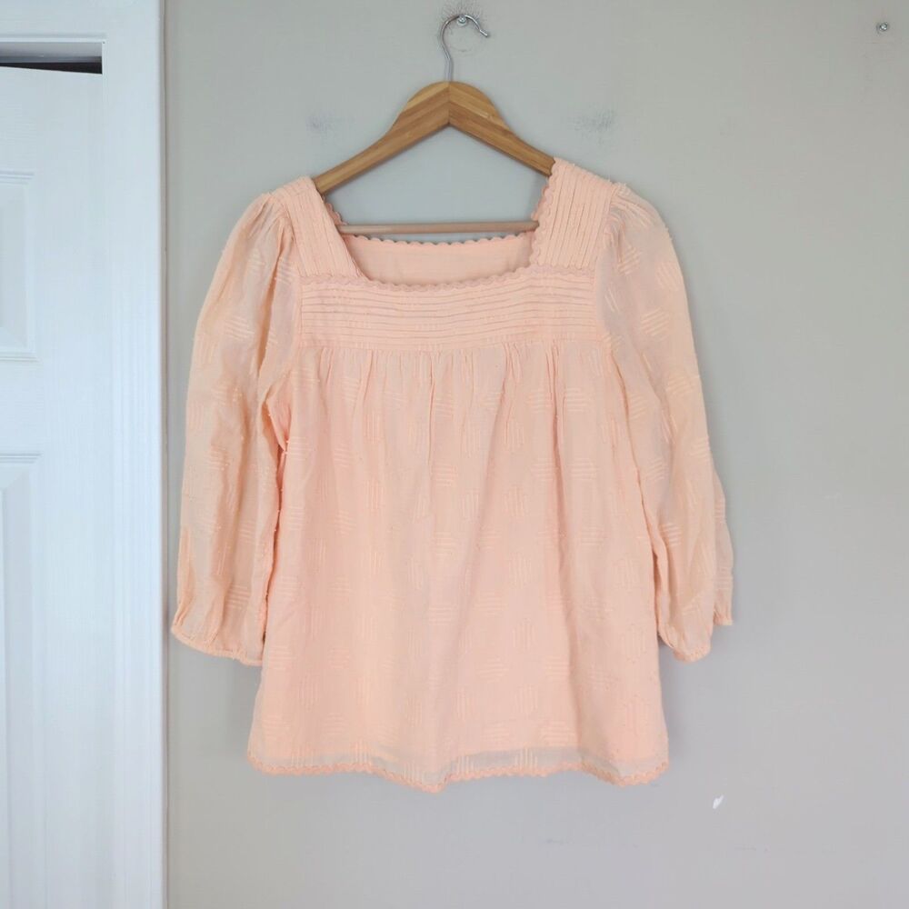 Chico's Pink Square neck 3/4 Sleeve Textured Blouse 1 Feminine Modest Cotton